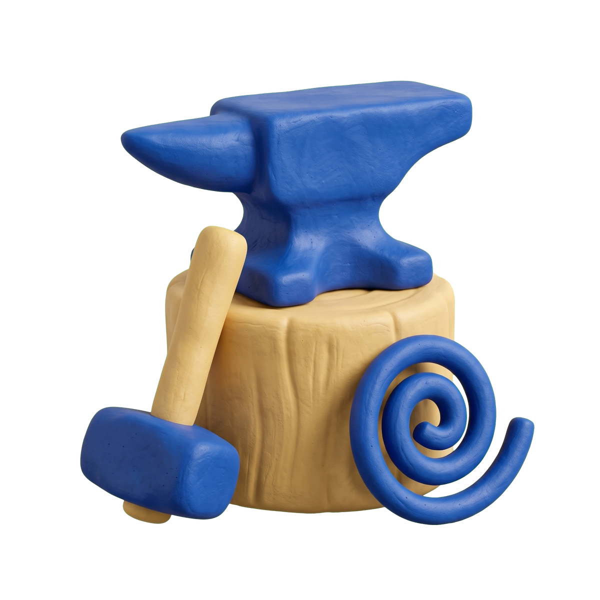 Iron works illustration in blue and ivory clay