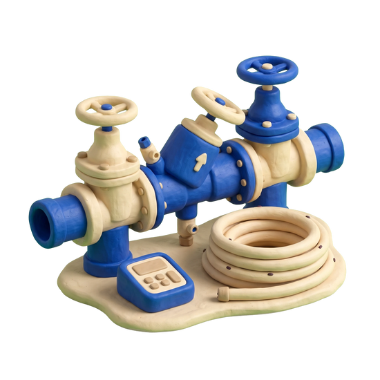 Irrigation equipment supplier illustration in blue and ivory clay