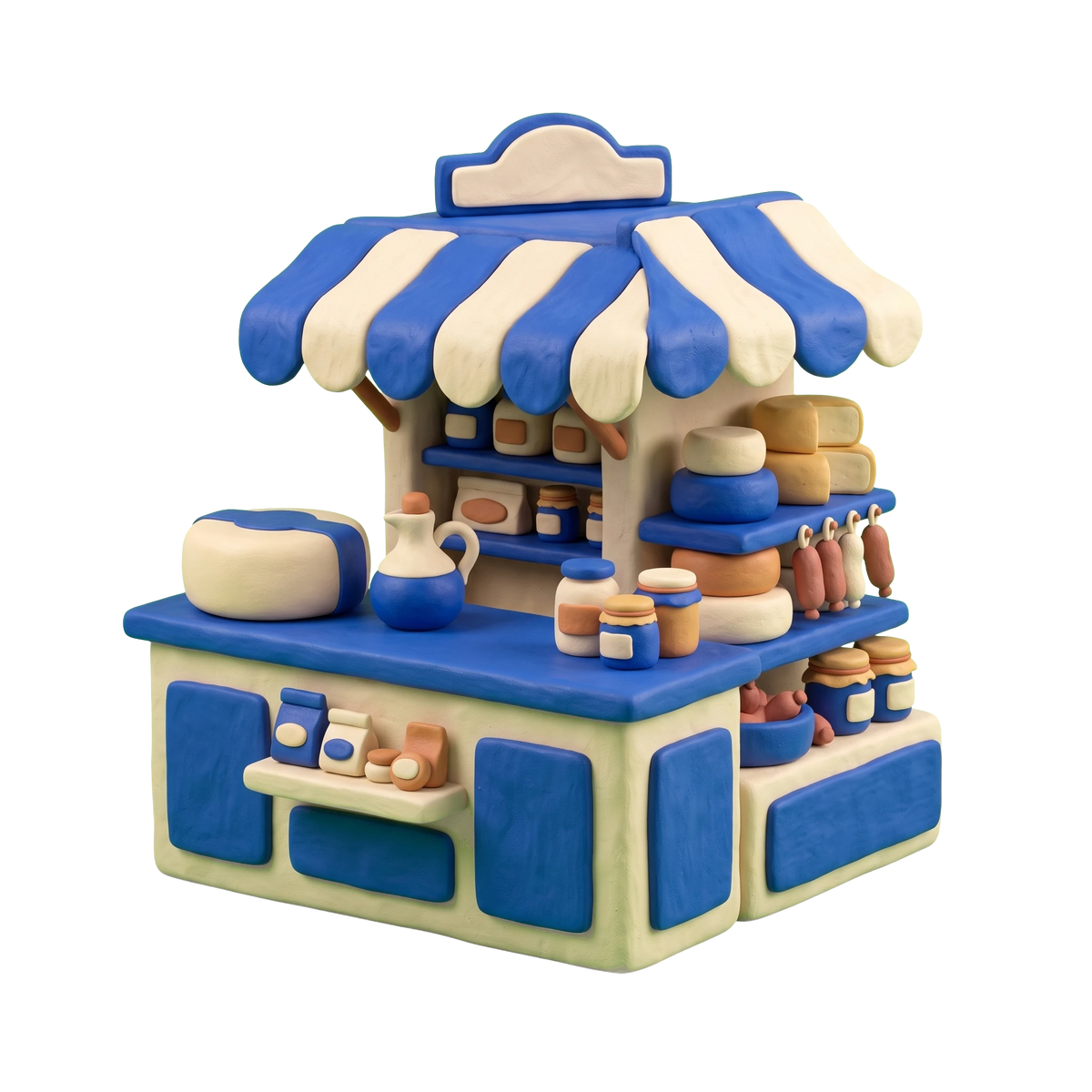 Italian grocery store illustration in blue and ivory clay