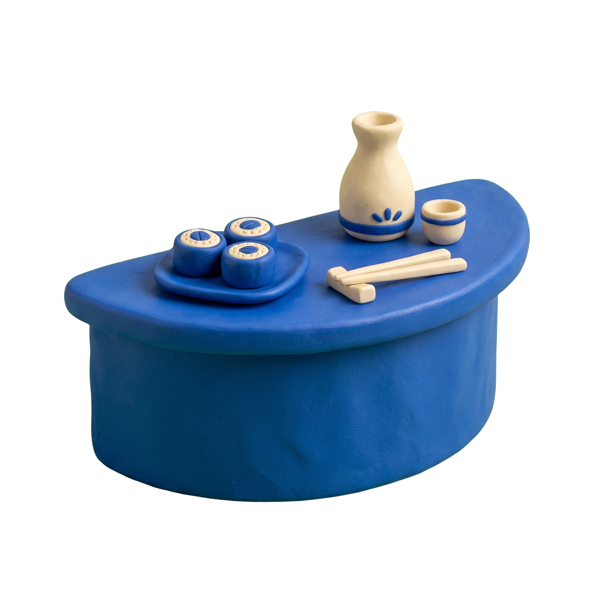 Japanese restaurant illustration in blue and ivory clay