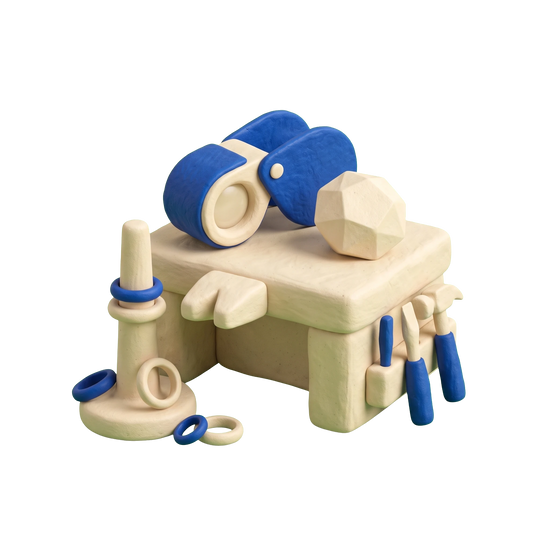 Jeweler illustration in blue and ivory clay