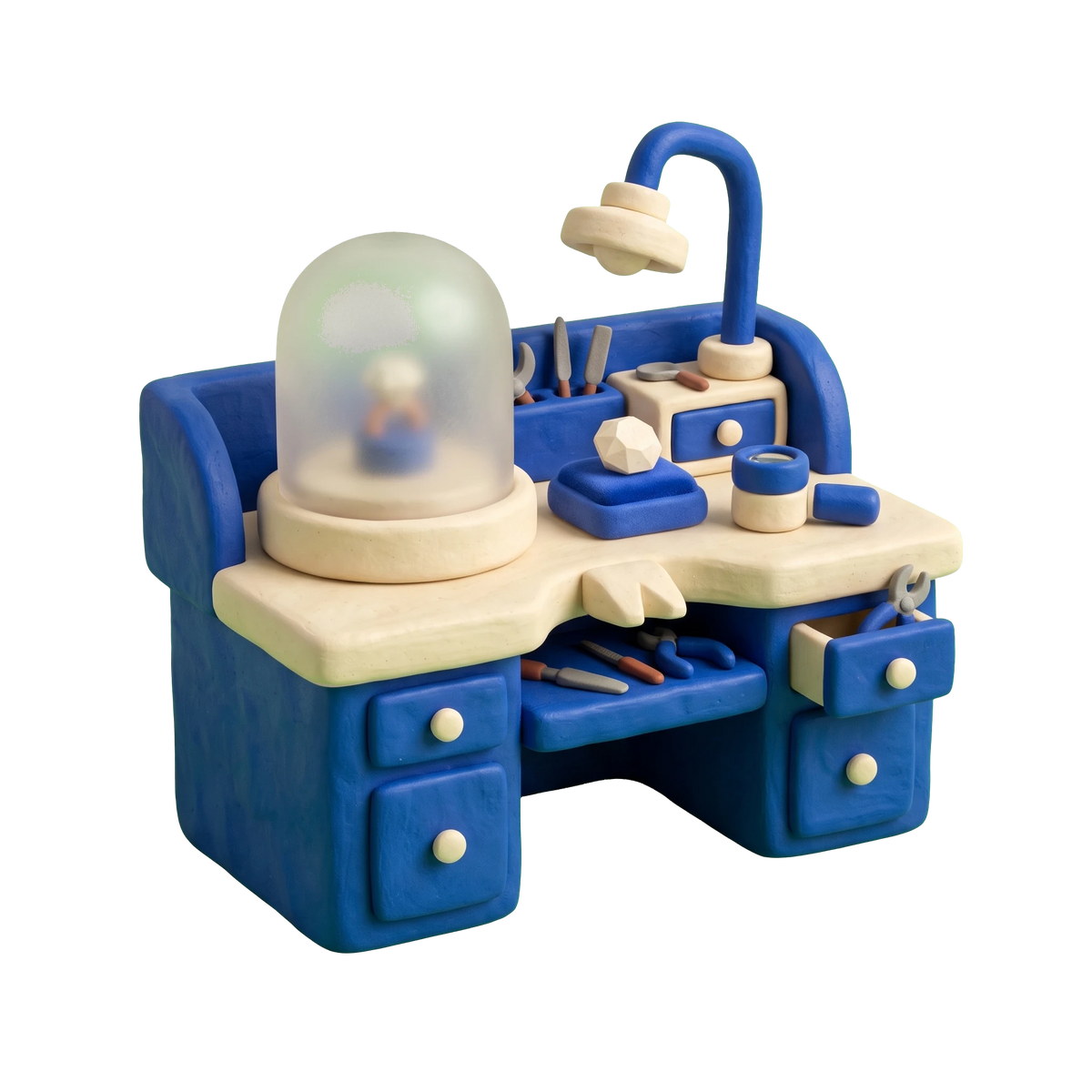 Jewelry store illustration in blue and ivory clay