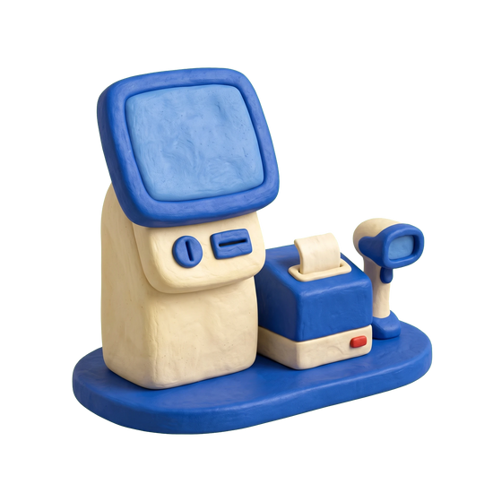 Kiosk illustration in blue and ivory clay