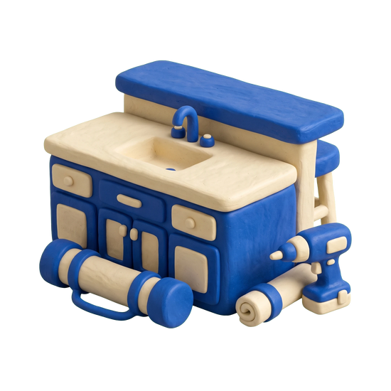 Kitchen remodeler illustration in blue and ivory clay