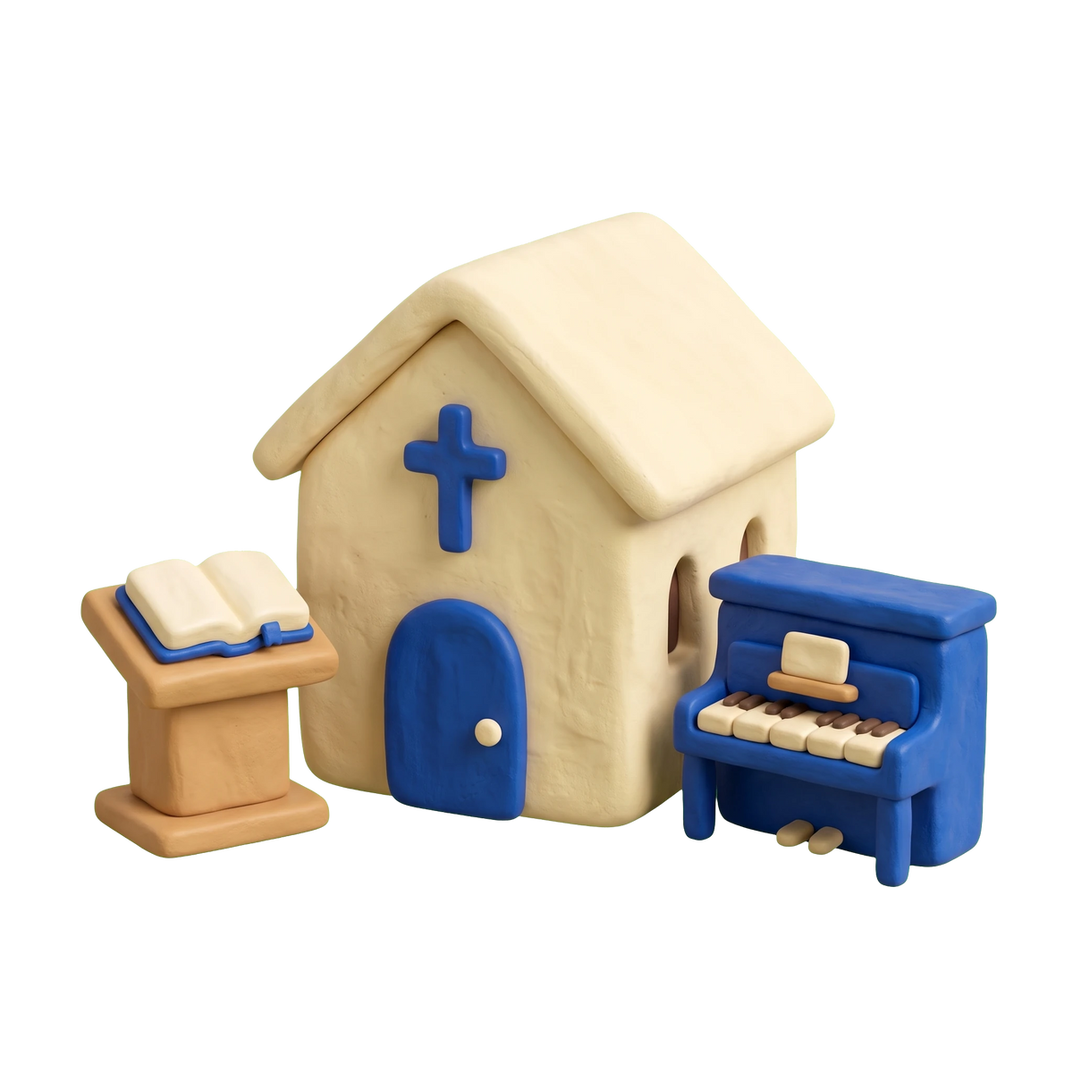 Korean church illustration in blue and ivory clay