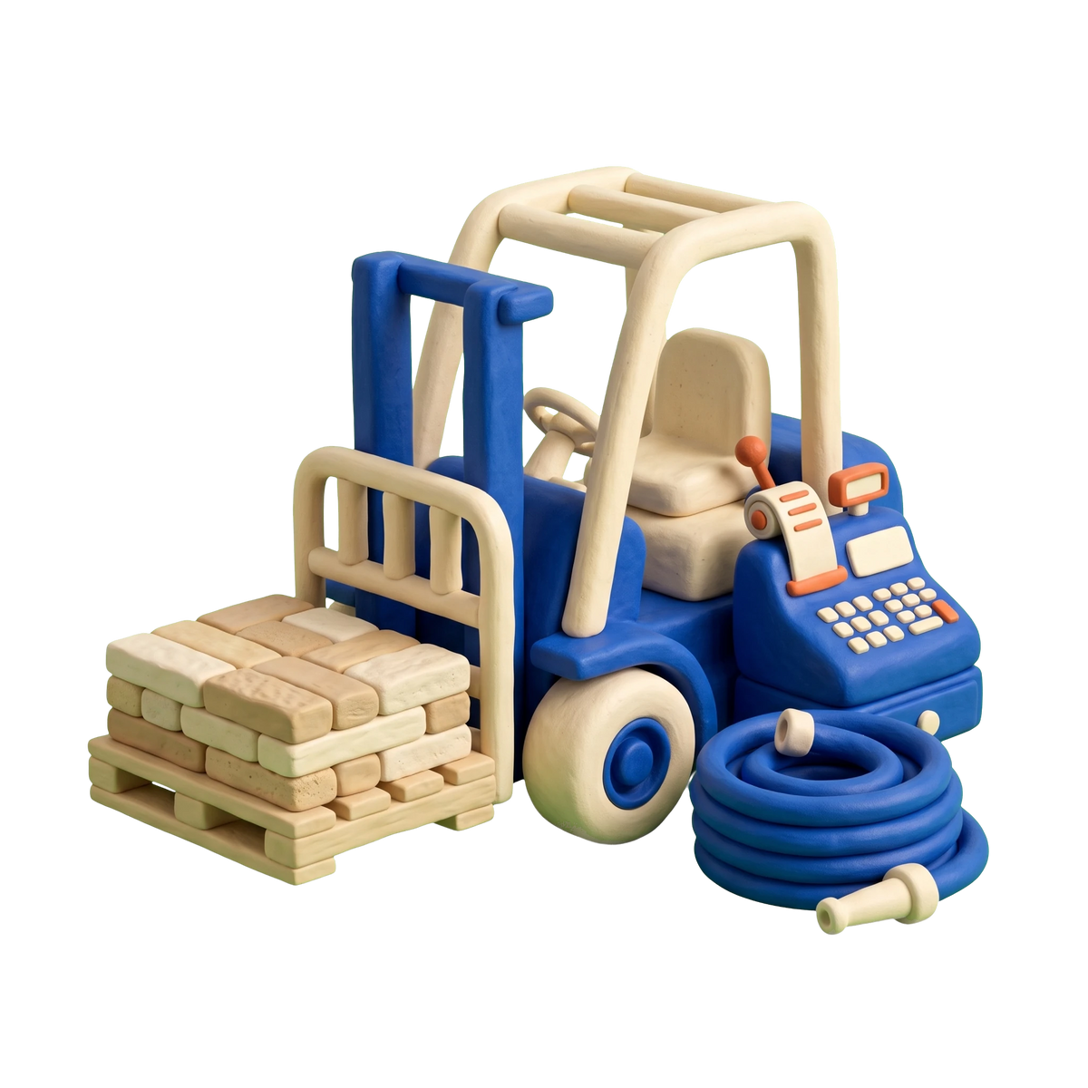 Landscaping supply store illustration in blue and ivory clay