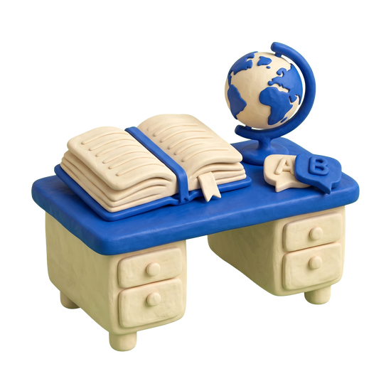 Language school illustration in blue and ivory clay