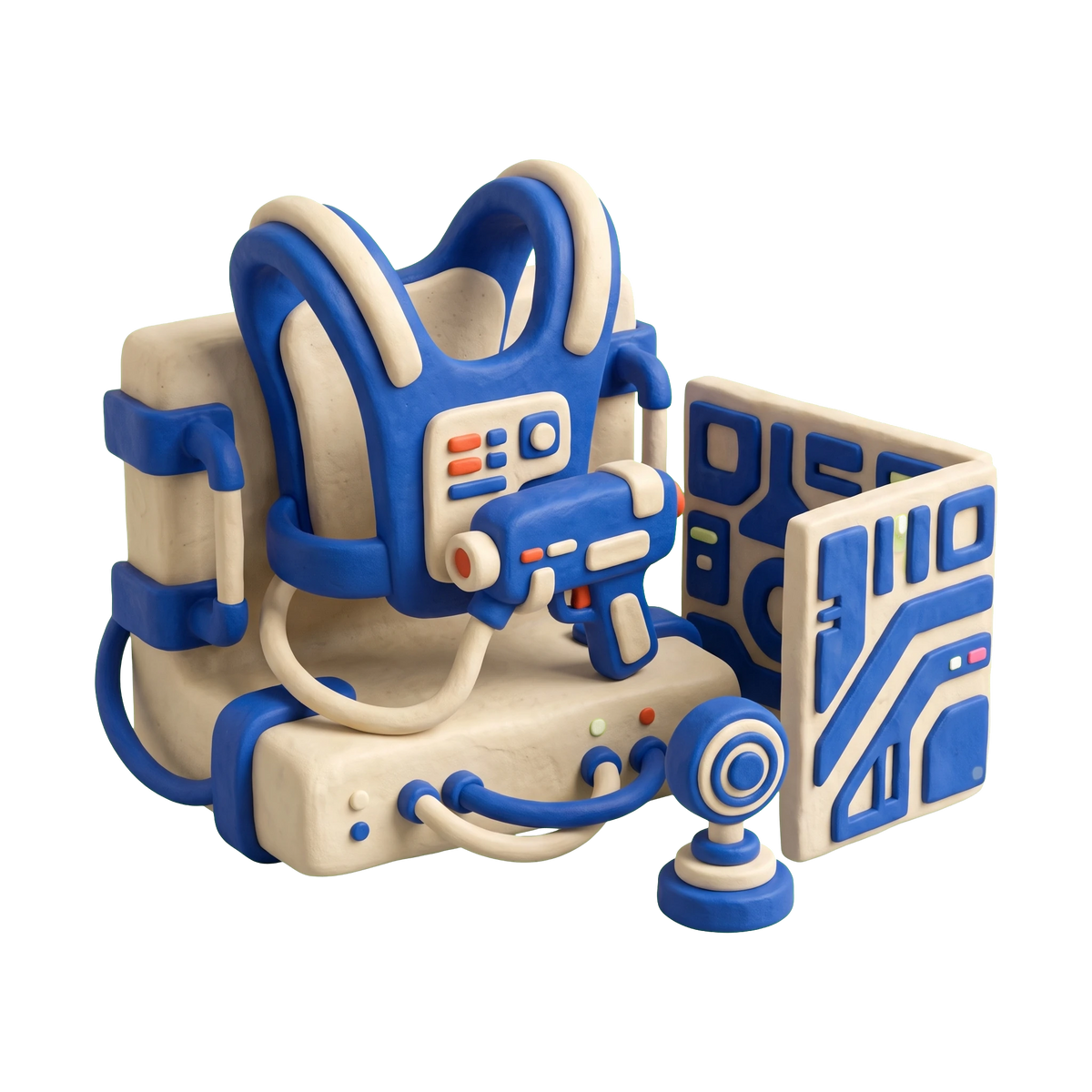 Laser tag center illustration in blue and ivory clay