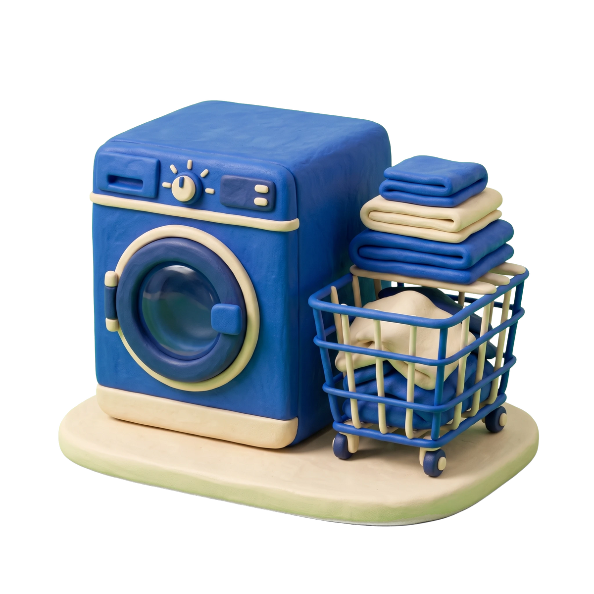 Laundromat illustration in blue and ivory clay