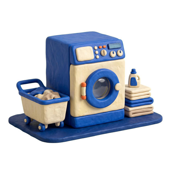 Laundry service illustration in blue and ivory clay