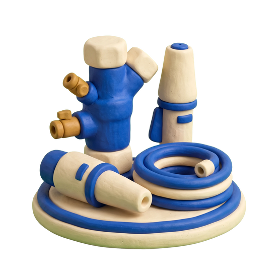Lawn irrigation equipment supplier illustration in blue and ivory clay