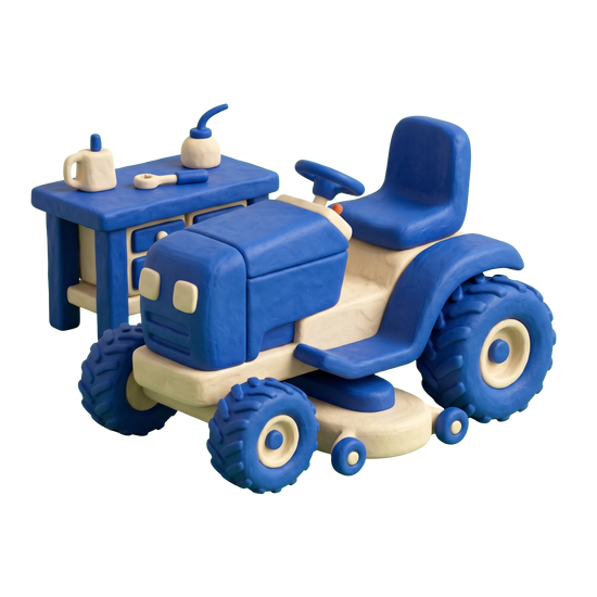 Lawn mower repair service illustration in blue and ivory clay