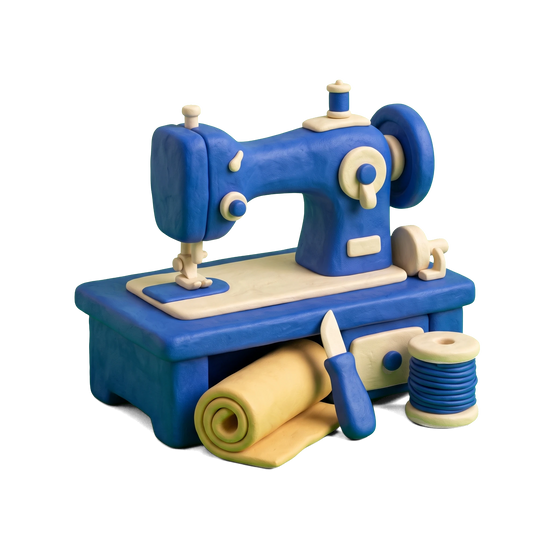 Leather goods manufacturer illustration in blue and ivory clay