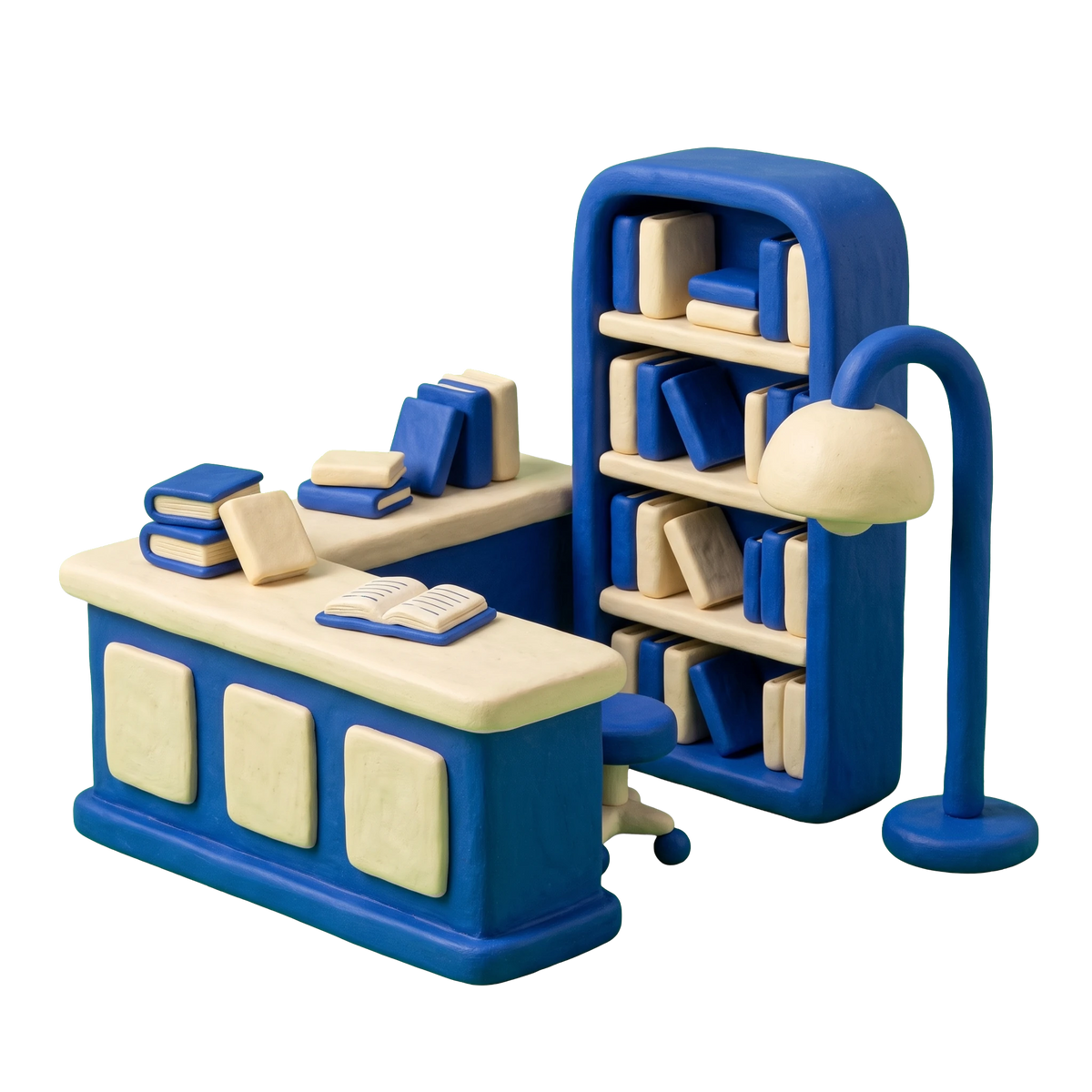 Library illustration in blue and ivory clay