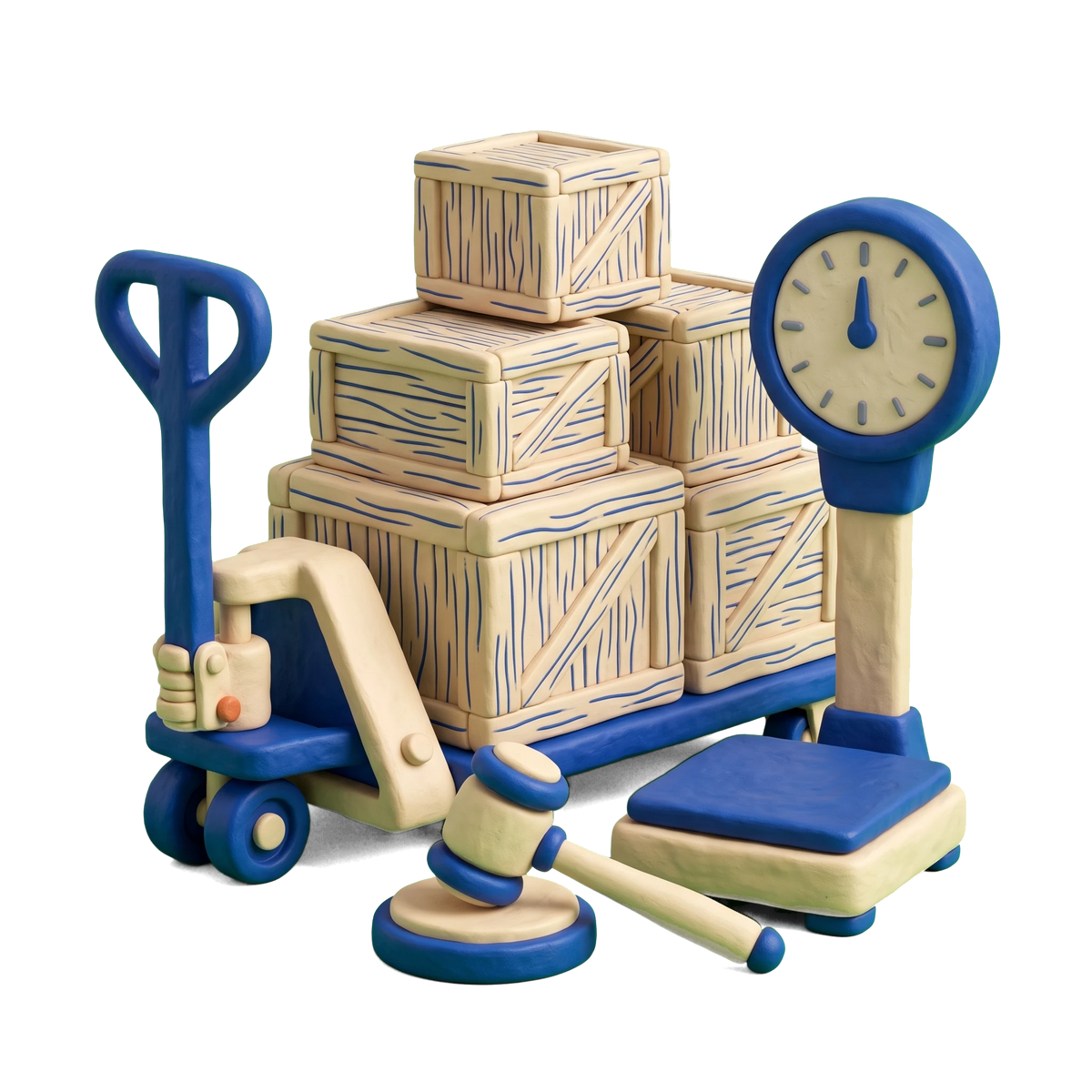 Liquidator illustration in blue and ivory clay