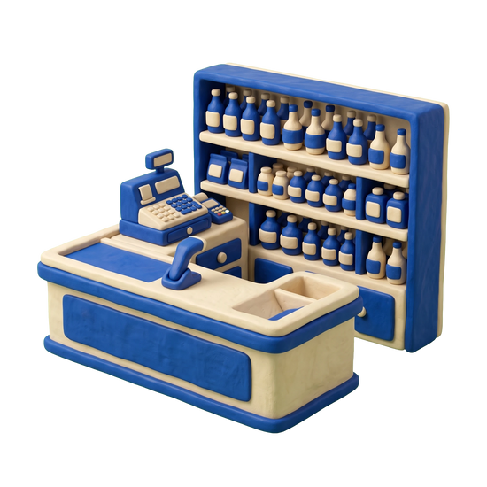 Liquor store illustration in blue and ivory clay