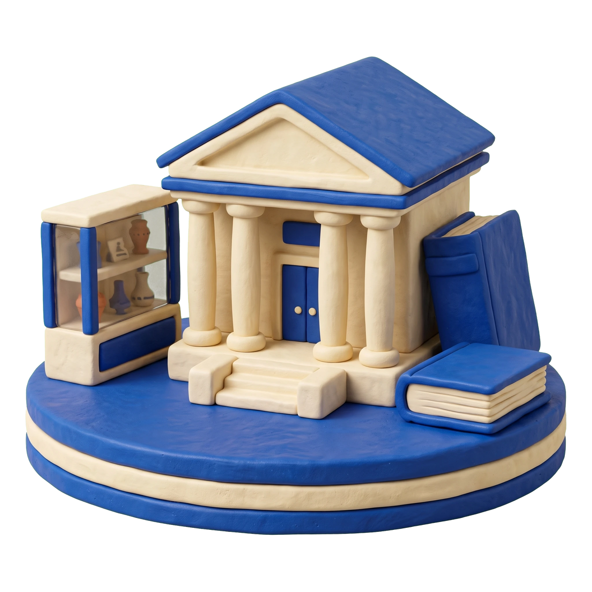 Local history museum illustration in blue and ivory clay