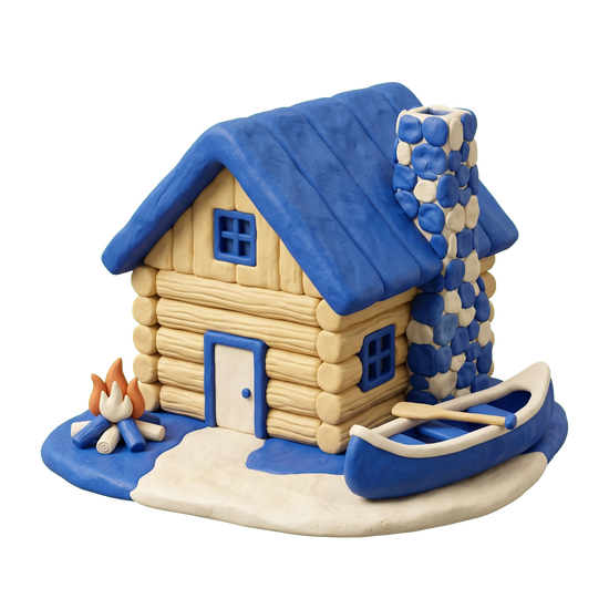 Lodge illustration in blue and ivory clay