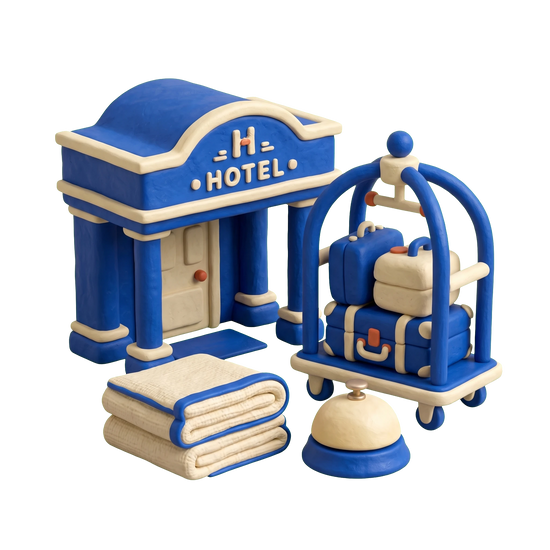 Lodging illustration in blue and ivory clay