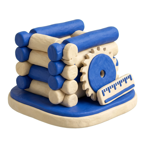 Log home builder illustration in blue and ivory clay