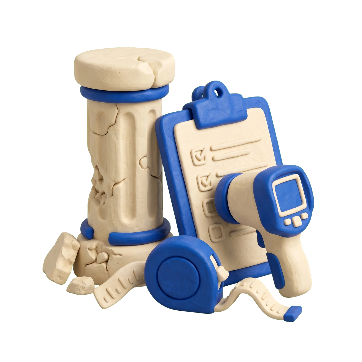 Loss adjuster illustration in blue and ivory clay