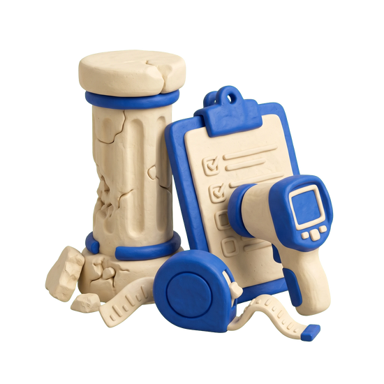 Loss adjuster illustration in blue and ivory clay
