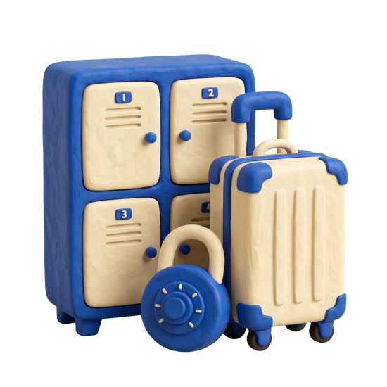 Luggage storage facility illustration in blue and ivory clay
