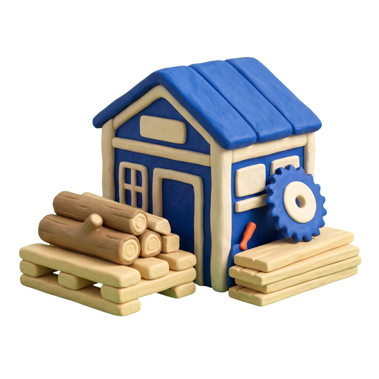 Lumber store illustration in blue and ivory clay