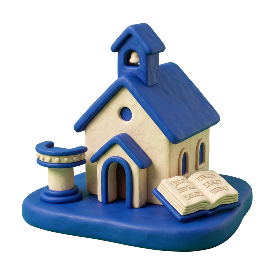 Lutheran church illustration in blue and ivory clay