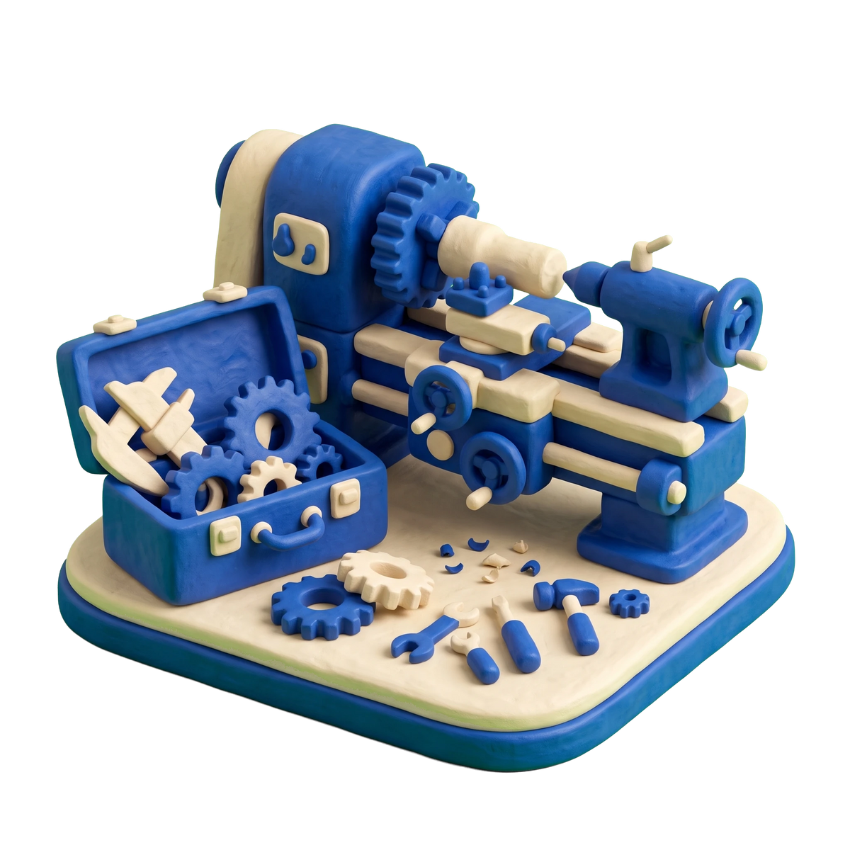Machine repair service illustration in blue and ivory clay