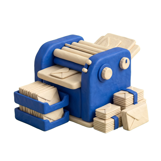 Mailing service illustration in blue and ivory clay
