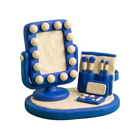 Make-up artist illustration in blue and ivory clay