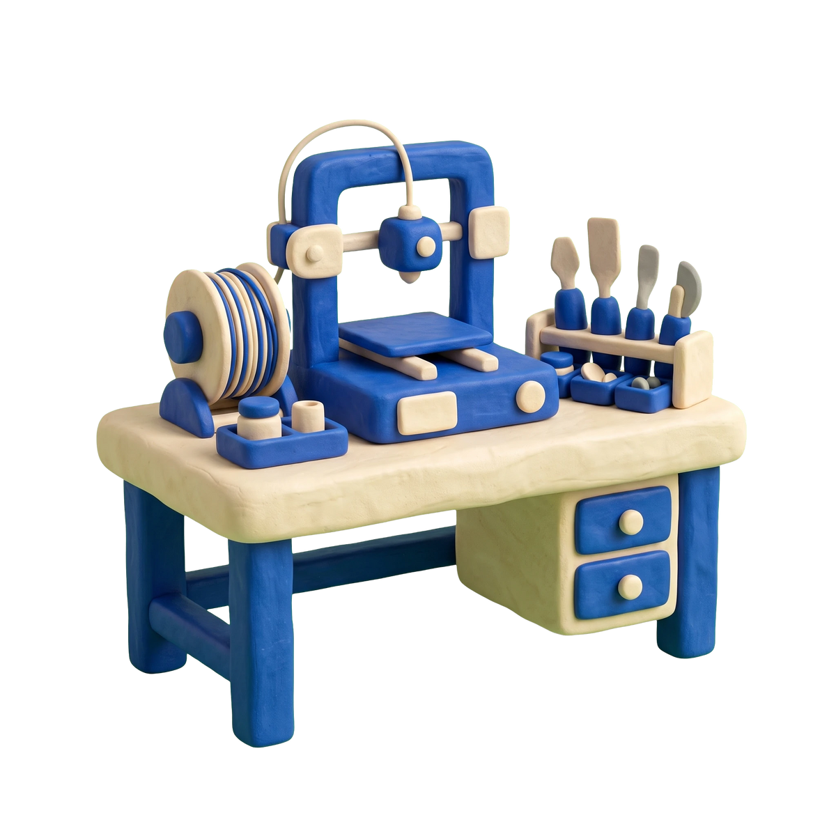 Makerspace illustration in blue and ivory clay