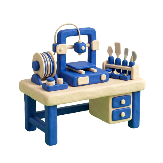 Makerspace illustration in blue and ivory clay