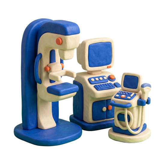 Mammography service illustration in blue and ivory clay