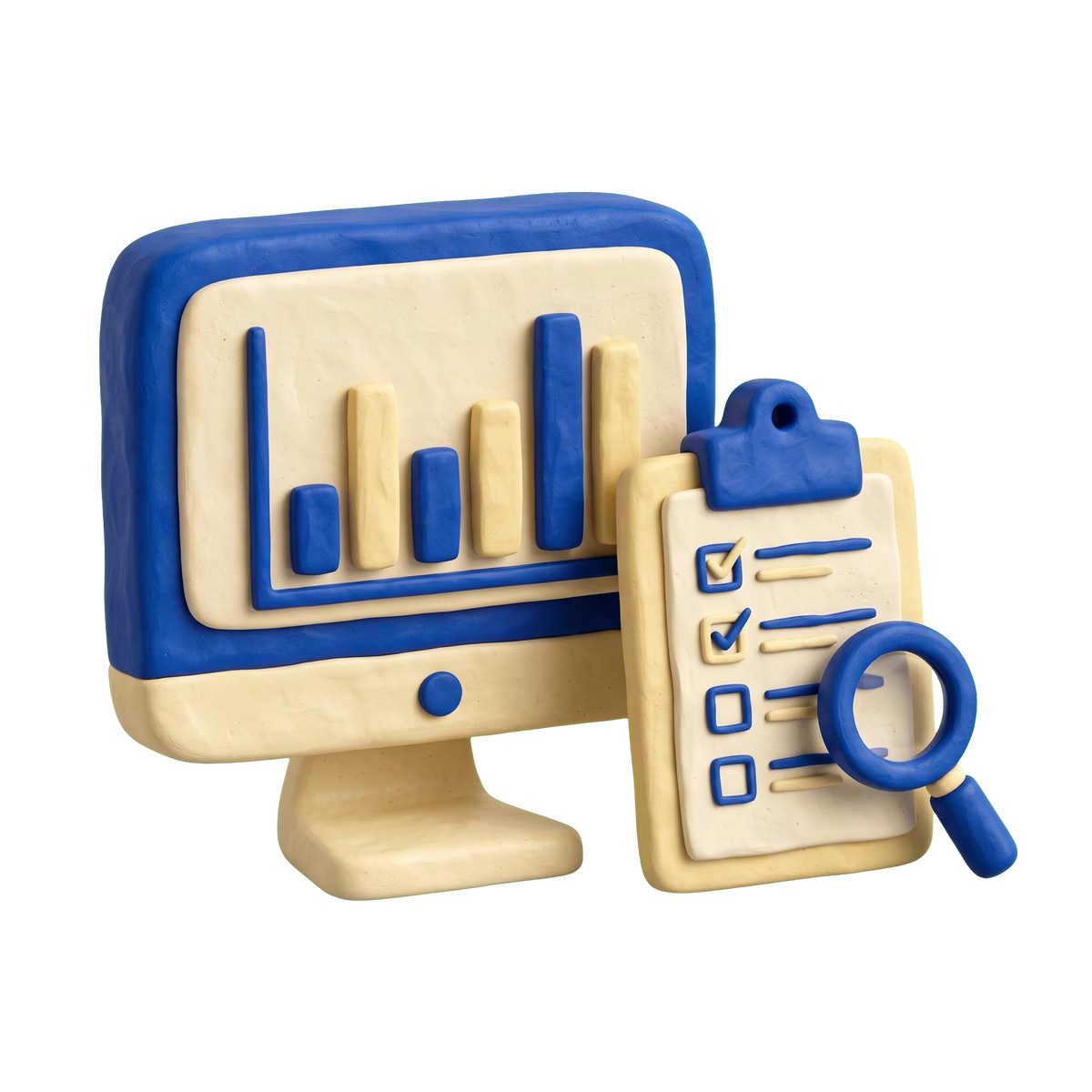 Market researcher illustration in blue and ivory clay