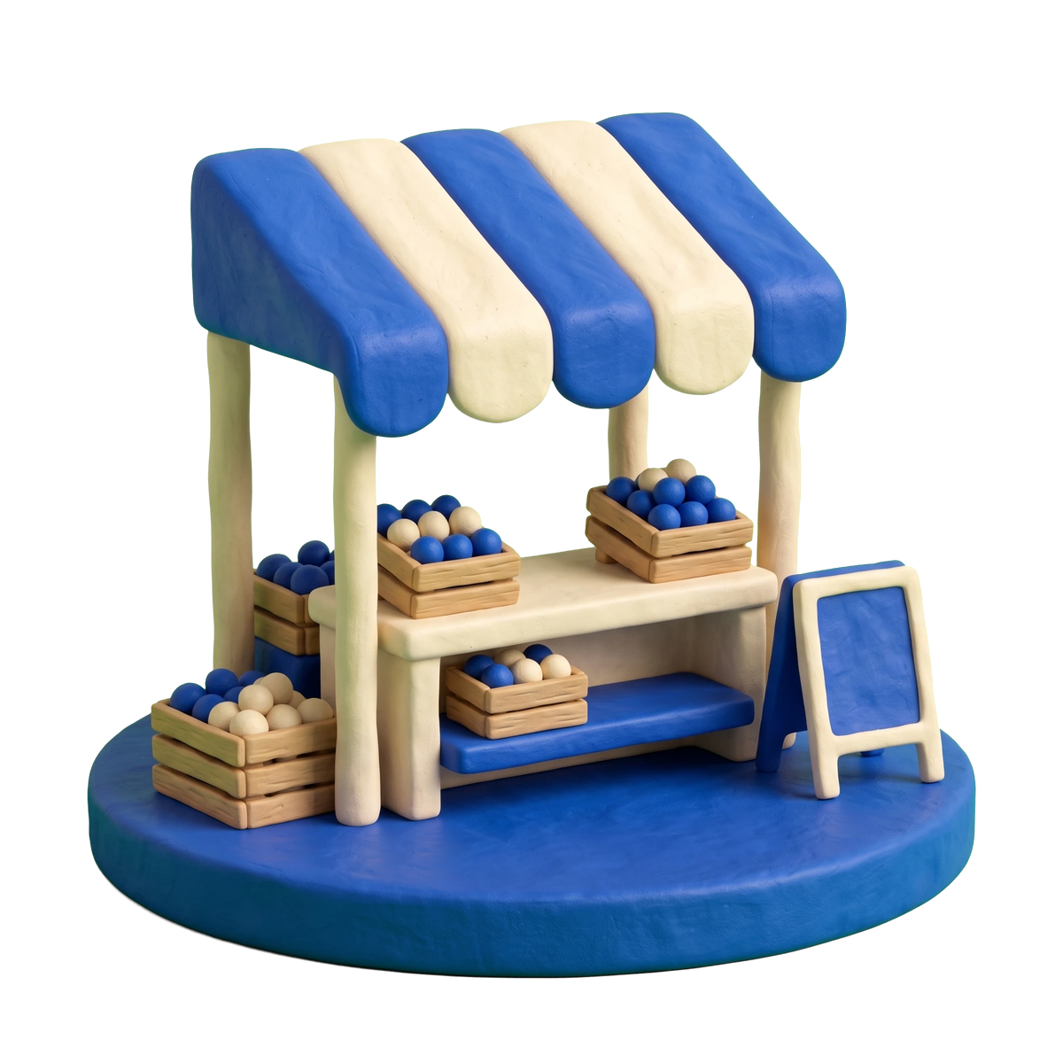 Market illustration in blue and ivory clay
