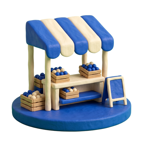 Market illustration in blue and ivory clay
