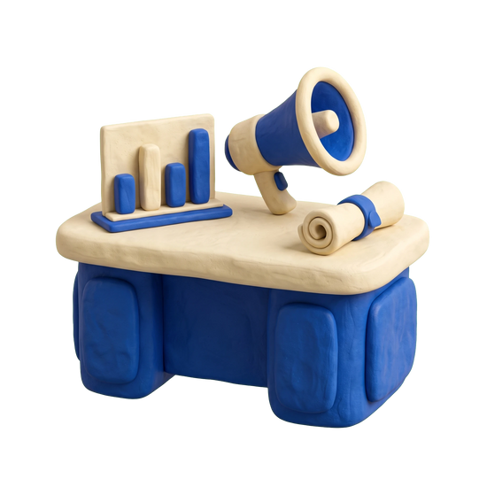 Marketing consultant illustration in blue and ivory clay