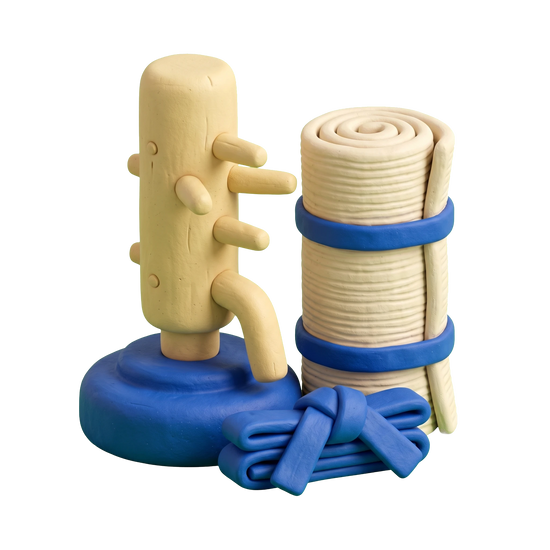 Martial arts school illustration in blue and ivory clay