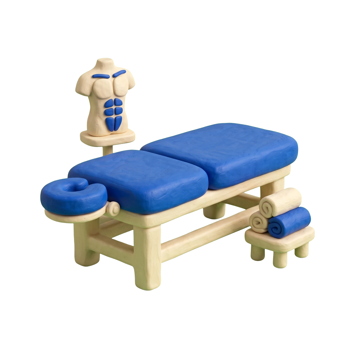 Massage school illustration in blue and ivory clay
