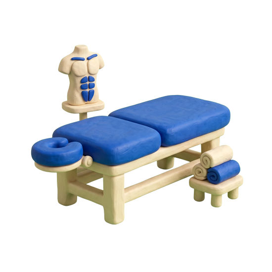 Massage school illustration in blue and ivory clay