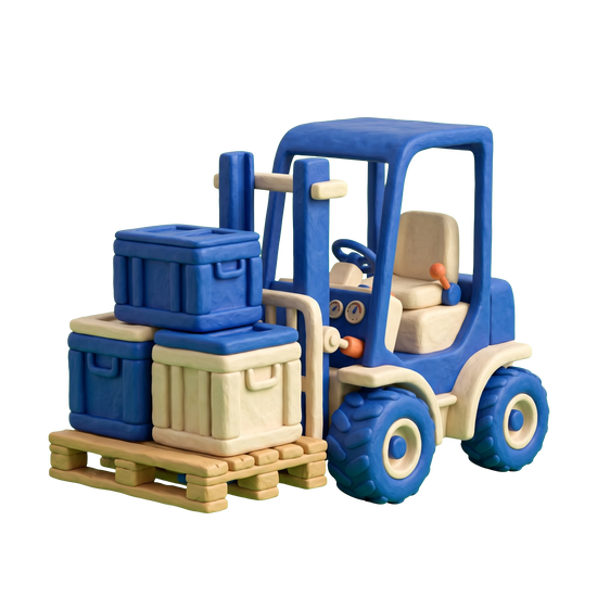 Material handling equipment supplier illustration in blue and ivory clay