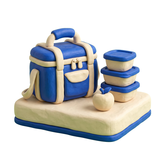 Meal delivery illustration in blue and ivory clay