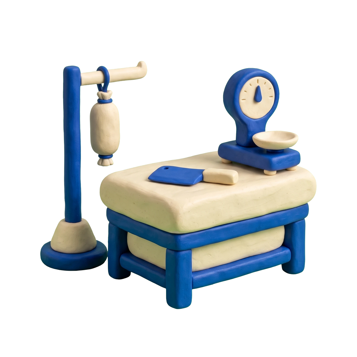 Meat products store illustration in blue and ivory clay