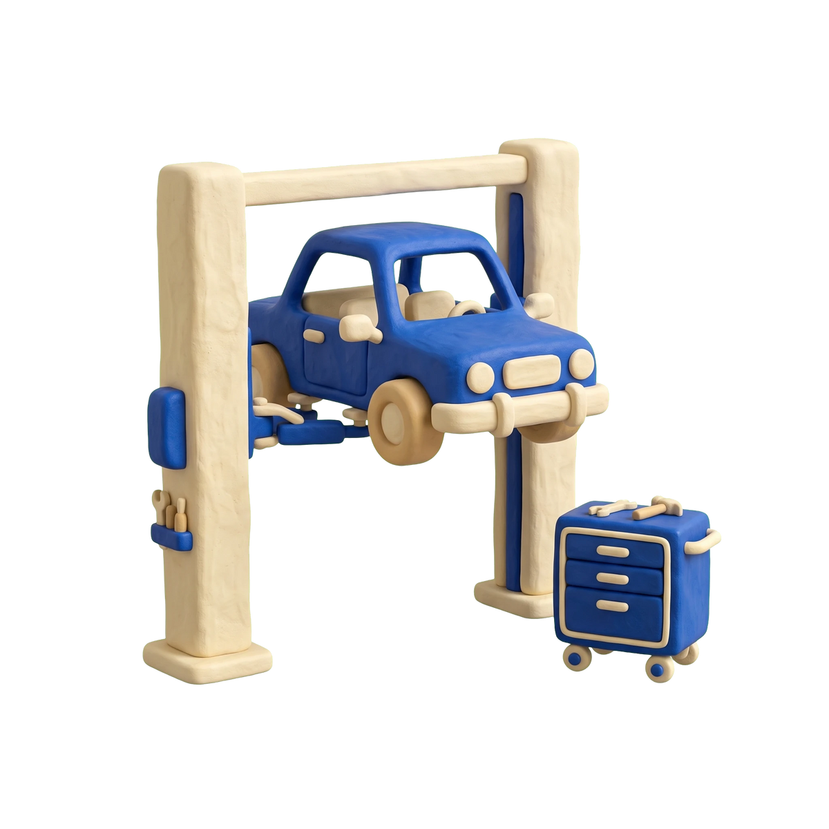 Mechanic illustration in blue and ivory clay