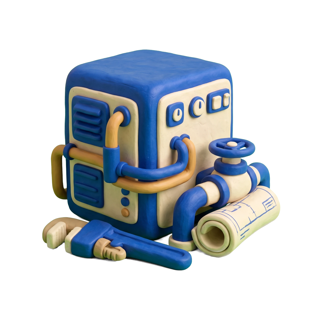 Mechanical contractor illustration in blue and ivory clay
