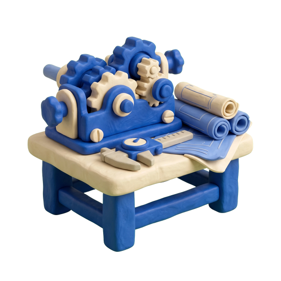 Mechanical engineer illustration in blue and ivory clay