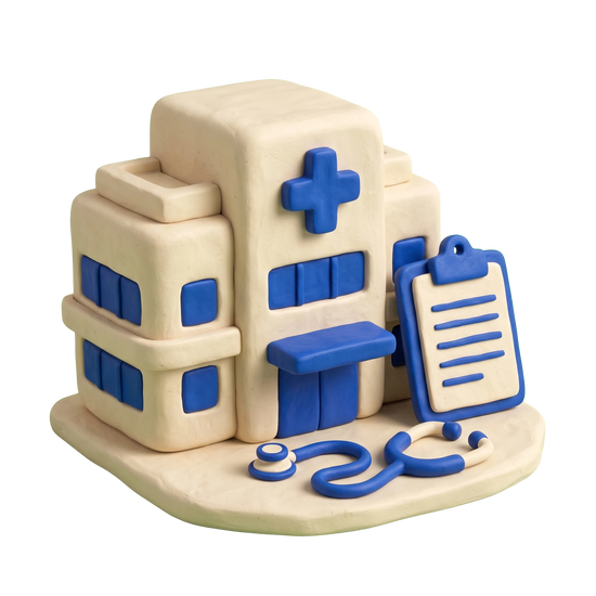 Medical Center illustration in blue and ivory clay