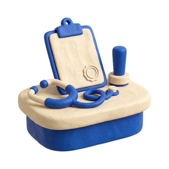 Medical certificate service illustration in blue and ivory clay